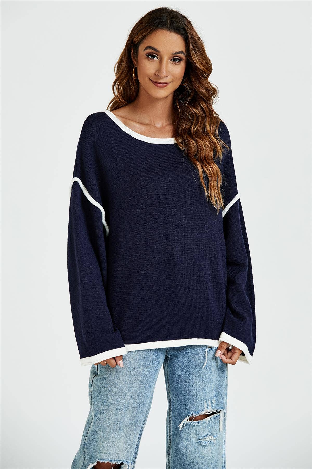Weißes gestreiftes Oversize-Pullovertop in Marineblau