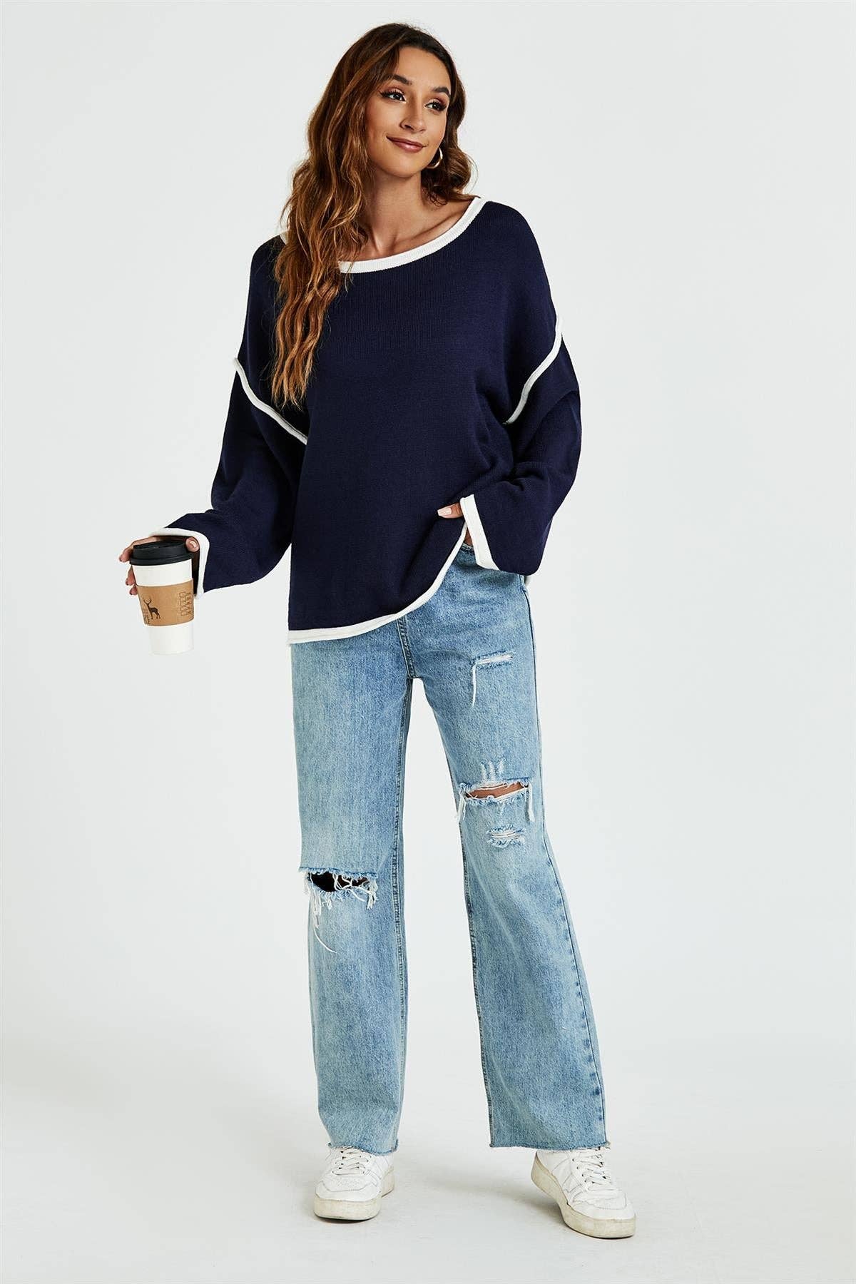 Weißes gestreiftes Oversize-Pullovertop in Marineblau