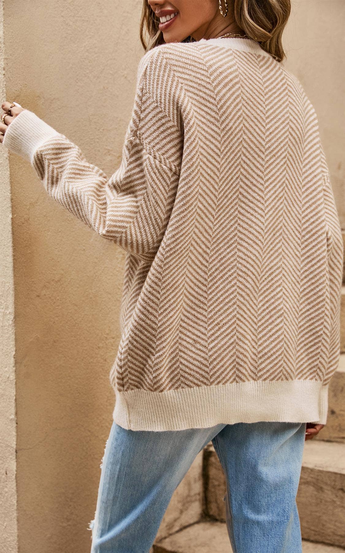 Schickes, geometrisches Intarsien-Strickpullover-Top in Beige &