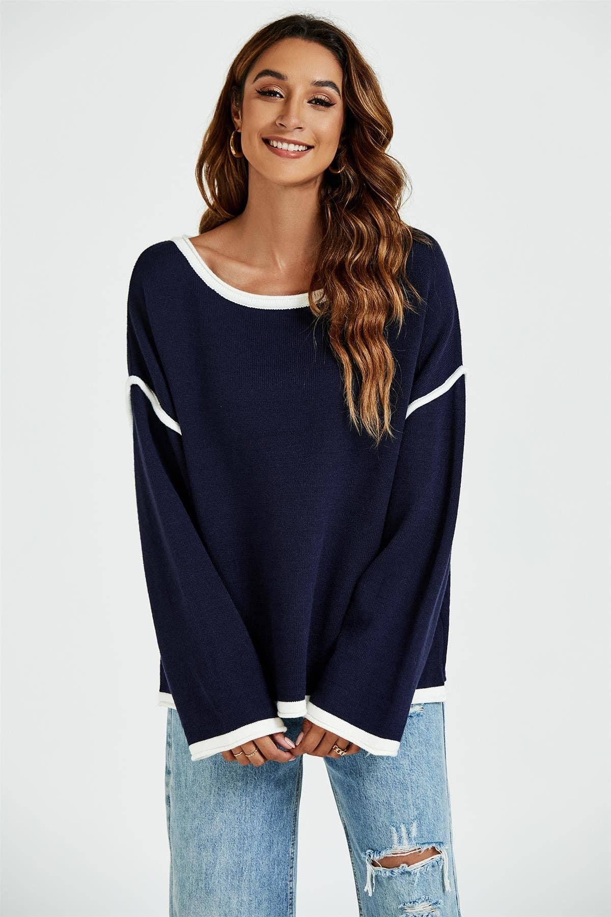 Weißes gestreiftes Oversize-Pullovertop in Marineblau