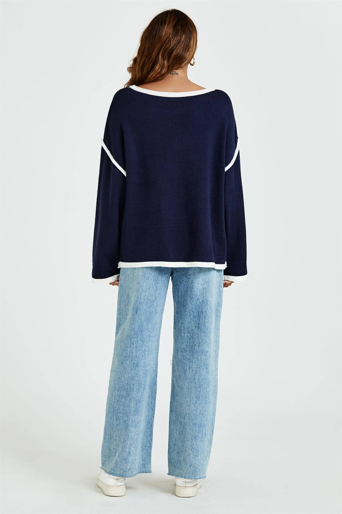 Weißes gestreiftes Oversize-Pullovertop in Marineblau